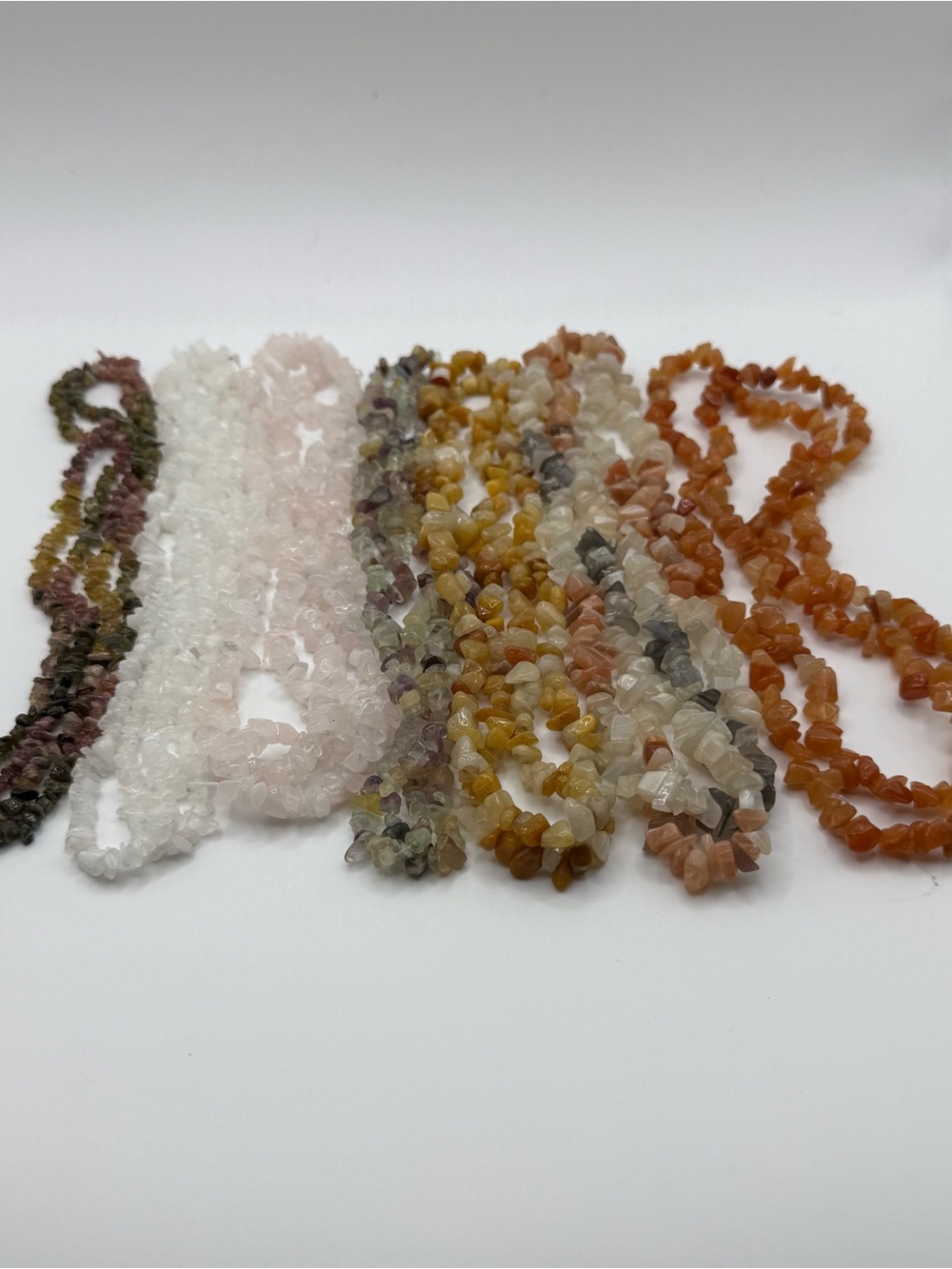 Set of 7 Multi-Color Natural Gem Chip Necklace Set - Rose, White, Amber Tones